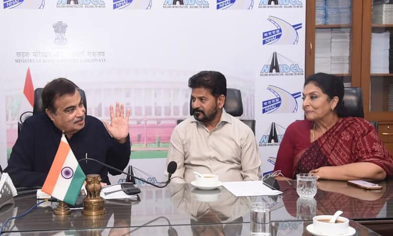 The image shows Telangana CM A Revanth Reddy meeting Union road transport and highways minister Nitin Gadkari in New Delhi on Tuesday, September 9, 2025.