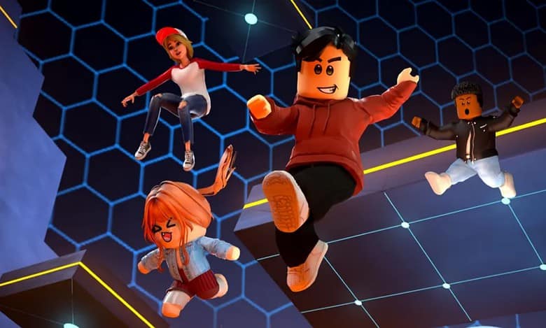 Roblox avatars jumping in a digital gaming environment.