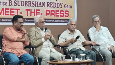 The image shows INDIA Bloc's vice-presidential candidate interacting with media persons at Basheerbagh Press Club on Monday, September 1, 2025.