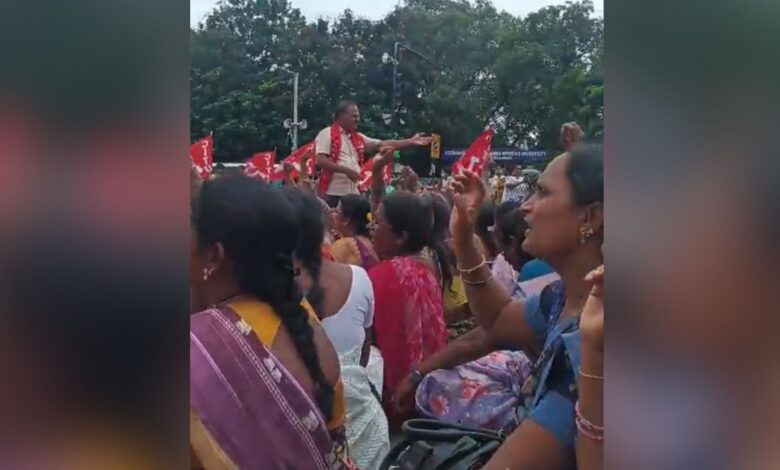 ASHA workers protesting for fixed salary in Hyderabad on Monday