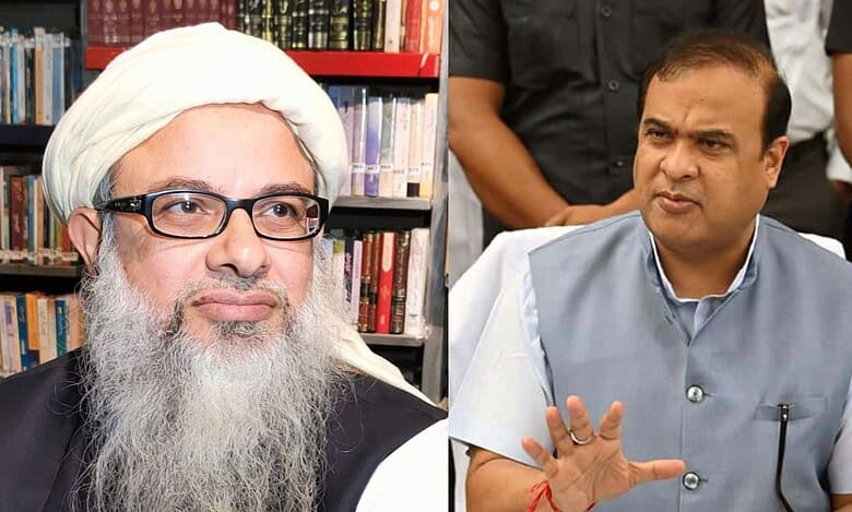 Jamiat Ulema-e-Hind president Mehmood Asad Madani (left) and Assam chief minister Himanta Biswa Sarma (right)