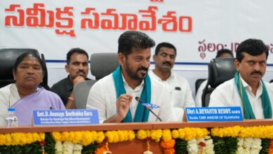 Telangana CM Revanth Reddy flanked by In-charge minister Seethakka and Revenue and Housing minister Ponguleti Srinivasa Reddy in Kamareddy on Thursday