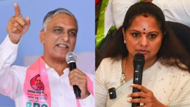 BRS leader T Harish Rao (left) and Telangana Jagruthi chief K Kavitha (right)