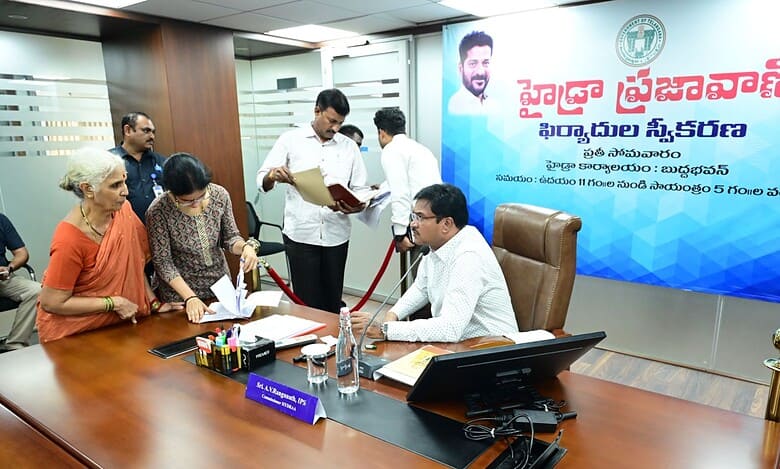 Commissioner AV Ranganath at the HYDRAA Prajavani on Monday