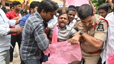 A member of the BRSV is detained amid a protest in Hyderabad