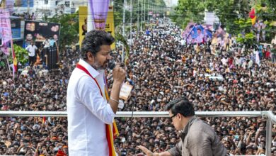 Tamilaga Vettri Kazhagam (TVK) chief Vijay in Tiruchirapalli district on Saturday (PTI Photo)