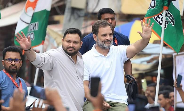 RJD leader Tejashwi Yadav with Leader of Opposition in Lok Sabha and Congress leader Rahul Gandhi during the Voter Adhikari yatra in Bihar