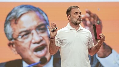Leader of Opposition in the Lok Sabha and Congress leader Rahul Gandhi addresses a press conference in New Delhi on Thursday. (PTI Photo/Salman Ali)