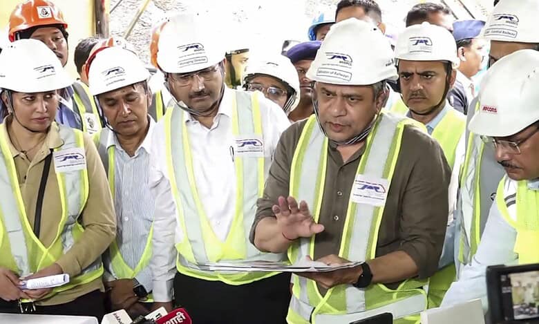 Railways Minister Ashwini Vaishnaw addresses the media during inspection of Mumbai-Ahmedabad high speed rail project work in Mumbai on Saturday. (PTI Photo)