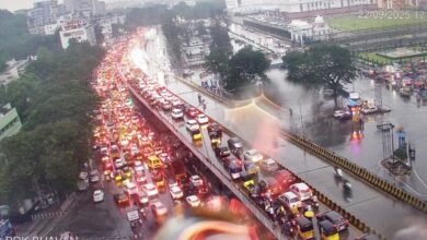 Heavy traffic was witnessed at several places in Hyderabad due to intense rains