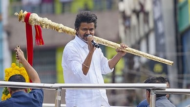 Actor and Tamilaga Vetri Kazhagam (TVK) Founder Vijay addresses a public rally, in Namakkal district in Tamil Nadu on Saturday. (PTI Photo)