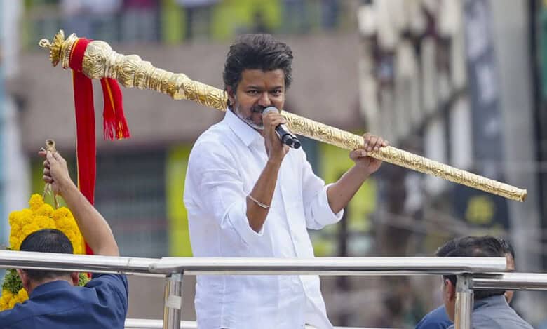 Actor and Tamilaga Vetri Kazhagam (TVK) Founder Vijay addresses a public rally, in Namakkal district in Tamil Nadu on Saturday. (PTI Photo)