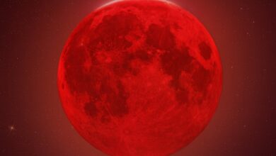 Blood moon during a total lunar eclipse glowing red against a starry night sky.