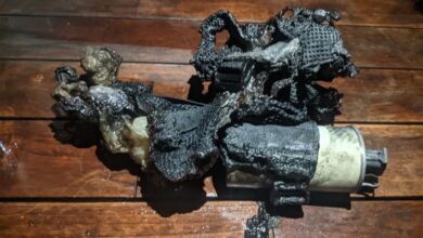 Charred debris allegedly from explosive device used in suspected drone attack on Gaza-bound aid flotilla vessel Alma.
