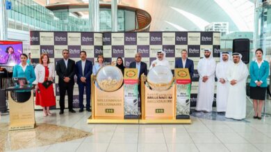 Group photo of the Dubai Duty Free Millennium Millionaire raffle draw at Concourse B, Dubai International Airport, featuring raffle drums, executives in formal attire, and promotional banners, held on September 17, 2025.