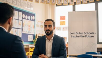 A teacher candidate in a job interview at a Dubai school recruitment event.