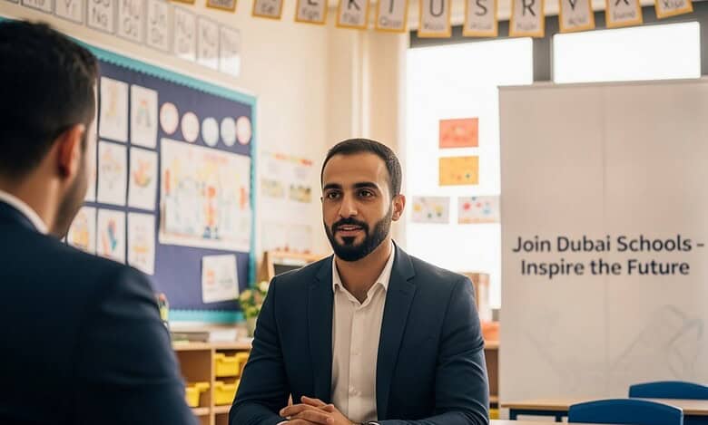 A teacher candidate in a job interview at a Dubai school recruitment event.