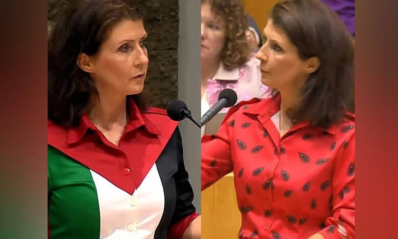 Dutch MP wearing a Palestinian flag–coloured blouse speaks at parliament, later returning in a red watermelon-patterned top