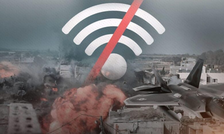 Wi-Fi signal symbol with red slash over Gaza airstrikes, representing internet blackout during Israeli bombardment.
