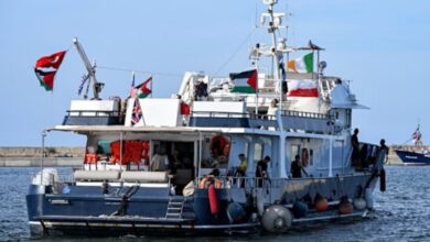Activist boat with international flags departs Tunisia’s Bizerte port for Gaza flotilla on September 14, 2025.