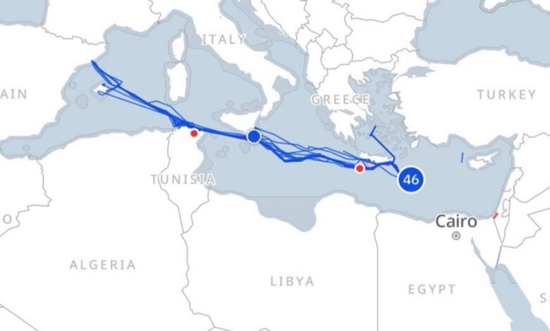 Map showing the route of the wear the peace and global sumud flotilla from London to Cairo, marked with a blue line across Europe and the Mediterranean.