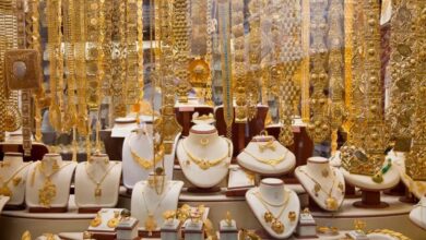 Gold jewelry displayed in a shop window at Dubai’s Gold Souk in Deira.