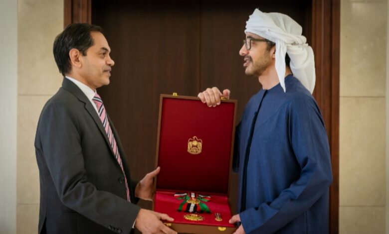 Indian ambassador Sunjay Sudhir receives the Order of Zayed II – First Class from Sheikh Abdullah bin Zayed in Abu Dhabi.