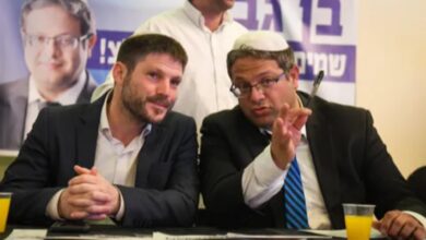 Israeli ministers Bezalel Smotrich (left) and Itamar Ben-Gvir (right) seated side by side during a meeting.