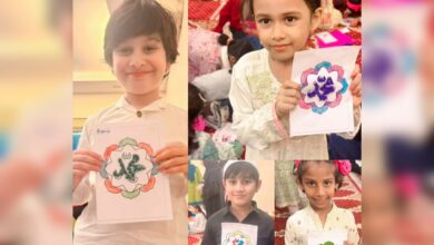 Children displaying artwork with the name Muhammad written in Arabic at the Know Your Prophet workshop.