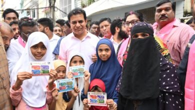 KTR distributes 'Congress debt cards' in Shaikpet ahead of Jubilee Hills bypolls in Telangana.