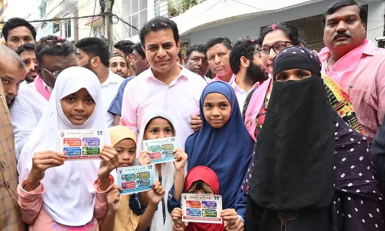 KTR distributes 'Congress debt cards' in Shaikpet ahead of Jubilee Hills bypolls in Telangana.