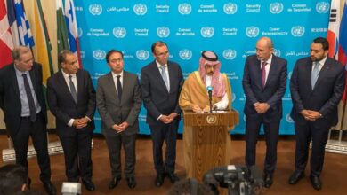 Saudi Foreign Minister speaks at a UN press conference in New York alongside Arab and European counterparts.