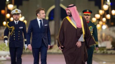 Elegant international diplomacy scene with Saudi and Western leaders, formal attire, grand setting, emphasizing global leadership and relations.