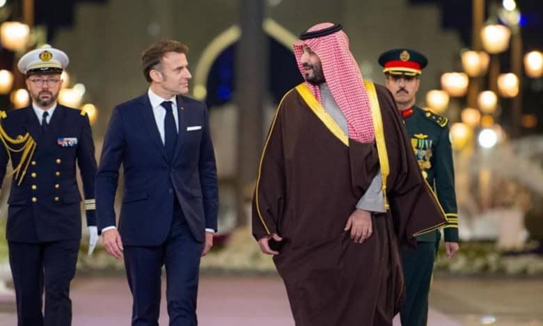 Elegant international diplomacy scene with Saudi and Western leaders, formal attire, grand setting, emphasizing global leadership and relations.