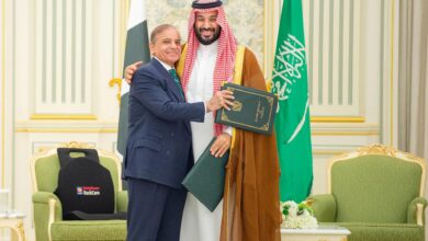 Saudi Crown Prince Mohammed bin Salman hugs Pakistan PM Shehbaz Sharif after signing defence deal in Riyadh on September 17.