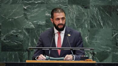 Syrian President Ahmed al-Sharaa delivers a speech at the 80th United Nations General Assembly in New York on September 24, 2025.
