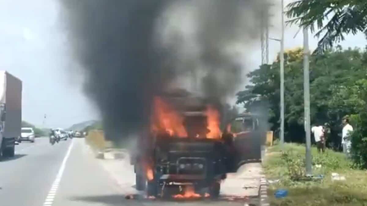 Truck carrying paper catches fire in Telangana's Choutuppal