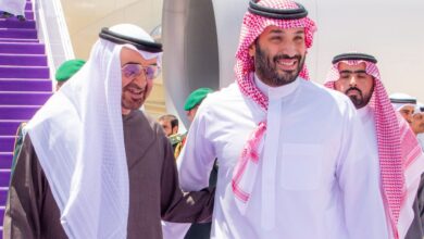 UAE President Sheikh Mohammed bin Zayed and Saudi Crown Prince Mohammed bin Salman walk together in Riyadh