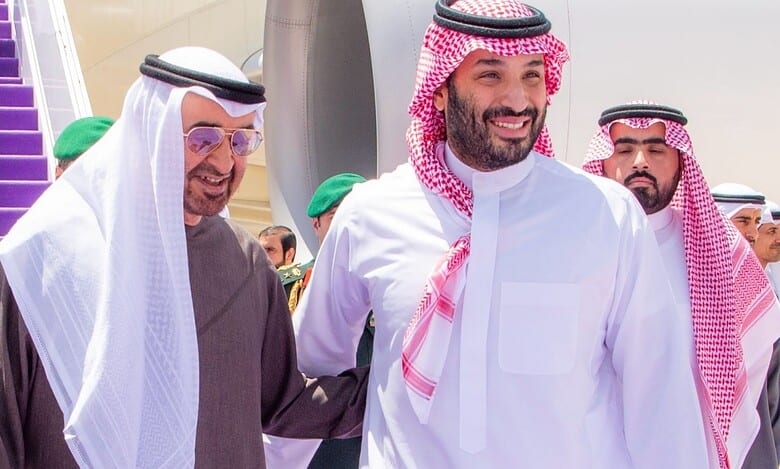 UAE President Sheikh Mohammed bin Zayed and Saudi Crown Prince Mohammed bin Salman walk together in Riyadh
