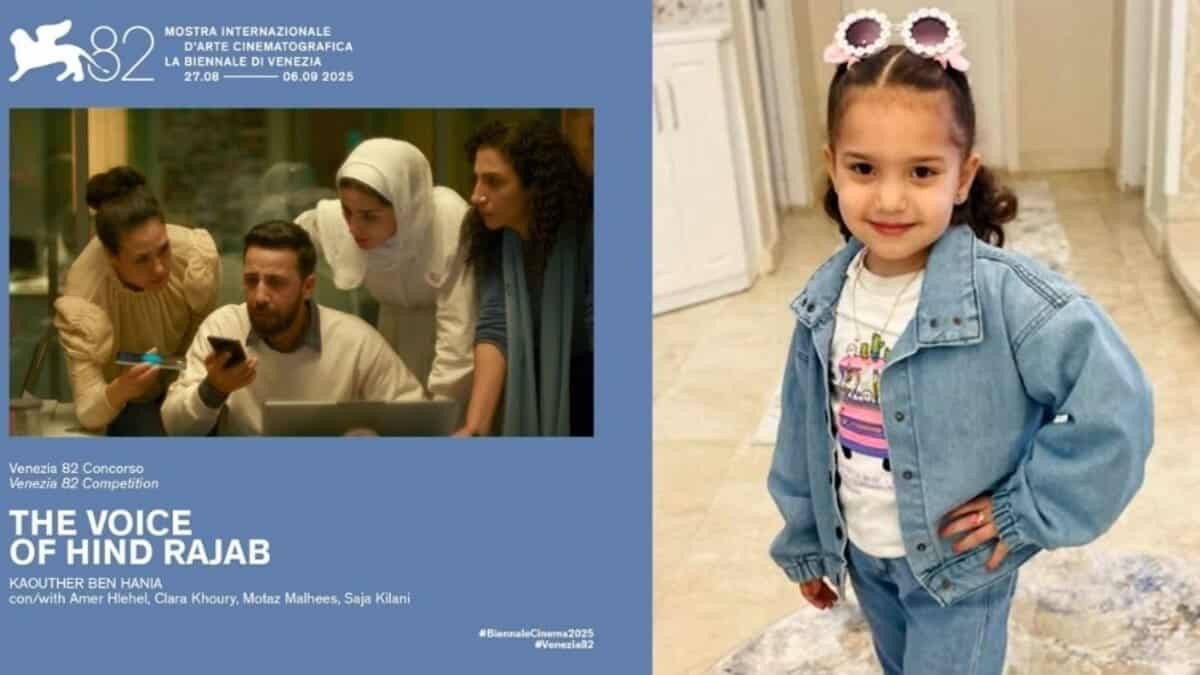 Poster of The Voice of Hind Rajab at Venice Film Festival alongside photo of six-year-old Hind Rajab.