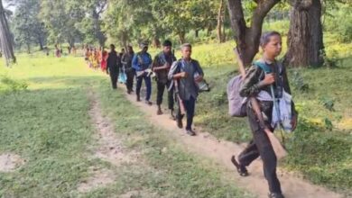 The image shows around 140 Maoists on their way to surrender before Chhattisgarh chief minister Vishnu Deo Sai on Friday, October 17, 2025.