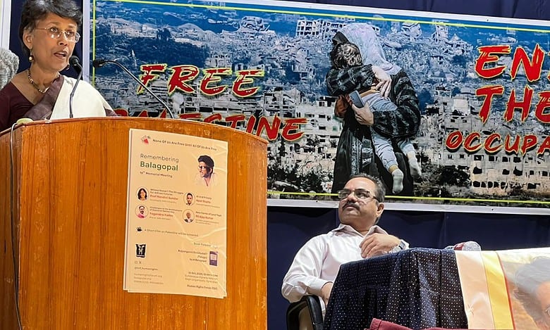 The image shows Delhi University Professor Nandini Sundar speaking about the situation in Bastar region of Chhattisgarh, at the 16th Balagopal Memorial Meet held at Sundarayya Vignana Kendram in Hyderabad on Sunday, October 12, 2025.