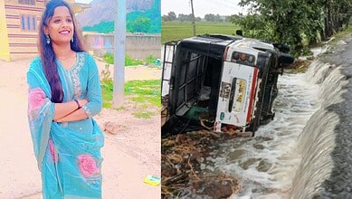 Girl gets washed away along with the bike in Zaffargadh mandal of Jangaon district on Wednesday night, October 29, 2025.