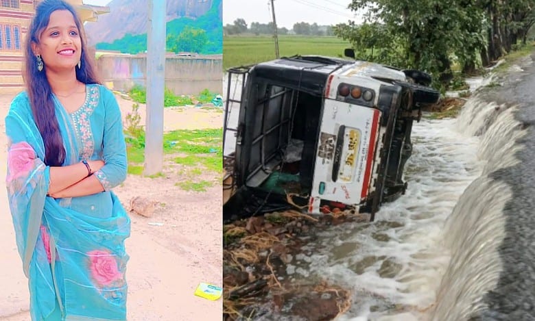 Girl gets washed away along with the bike in Zaffargadh mandal of Jangaon district on Wednesday night, October 29, 2025.