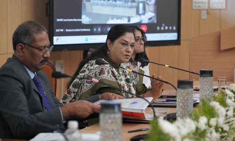 The image shows Telangana prisons and correctional services director general Dr Soumya Mishra addressing a conference in Hyderabad on Saturday, October 11, 2025.