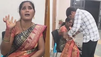 The image shows Gangamani of Bhainsa mandal with her wrist slit, and a medical official giving her first-aid during Prajavani at Nirmal collectorate on Monday, October 13, 2025.