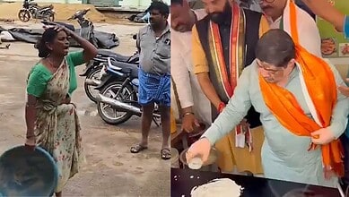 Woman farmer tries desperately to save her paddy which gets washed away in drain at Husnabad agricultural market yard on Thursday, October 30, 2025.