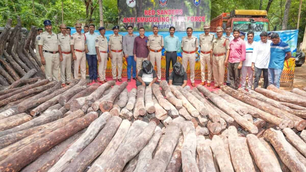 The image shows Red Sanders Anti Smuggling Task Force of Tirupati arresting two inter-state red sanders smugglers in Delhi on October 6, 2025.
