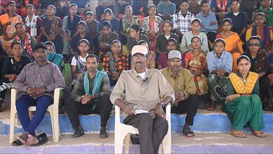 The image shows Takkallapalli Vasudeva Rao speaking in a video message to defend his actions that led to his surrender, along with around 200 Maoist cadres before the Chhattisgarh government on October 17, 2025.