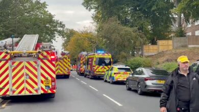 Police vehicles line up at the Synagogue in Manchester after a stabbing incident